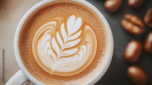 Top view of a cup of coffee with beautiful latte art, surrounded by coffee beans.