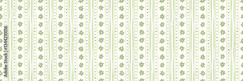 Green vintage vertical daisy floral stripe vector repeat pattern banner, seamless repeating tile, wide horizontal background design