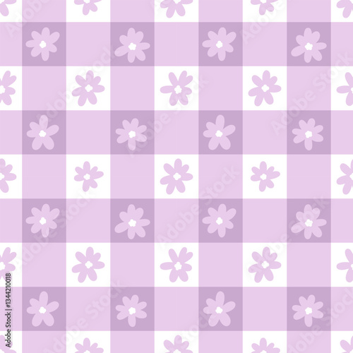 Light purple daisy floral gingham plaid vector repeat pattern, seamless repeating background, cute girly wallpaper design