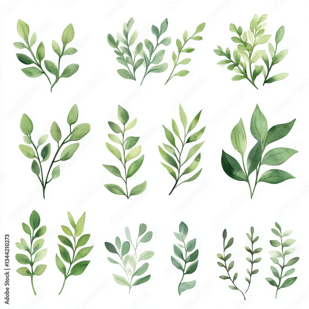 Set of watercolor bouquets of green leaves branches elements. Collection botanical vector isolated on white background suitable for wedding Invitation, save the date, thank you, or greeting card Set of watercolor bouquets of green leaves branches elements. Collection botanical vector isolated on white background suitable for wedding Invitation, save the date, thank you, or greeting card
