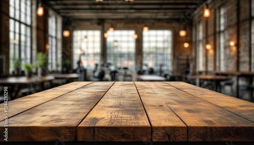 Wallpaper Mural Rustic wooden table in a blurred cafe setting. Perfect for showcasing products or creating a vintage ambiance. Torontodigital.ca