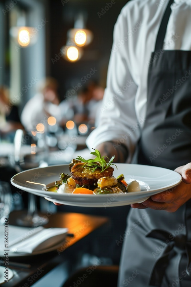 Waiter carrying a plate with some fancy dish on festive event, party or wedding reception. Waiter carrying a plate with some fancy dish on festive event, party or wedding reception.