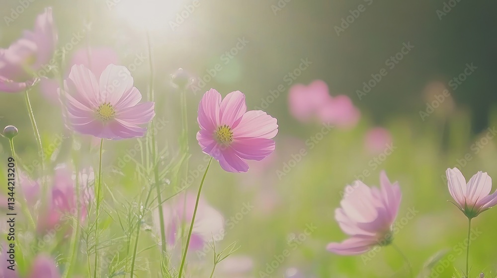 Fototapeta premium Gentle pink cosmos flowers blooming in a sunlit field in a spring day