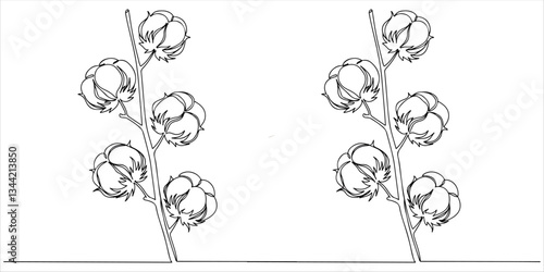 branch of cotton, continuous single one line abstract depiction of a cotton branch, illustrated using a continuous single one line art technique. This minimalist hand drawn sketch captures the natural