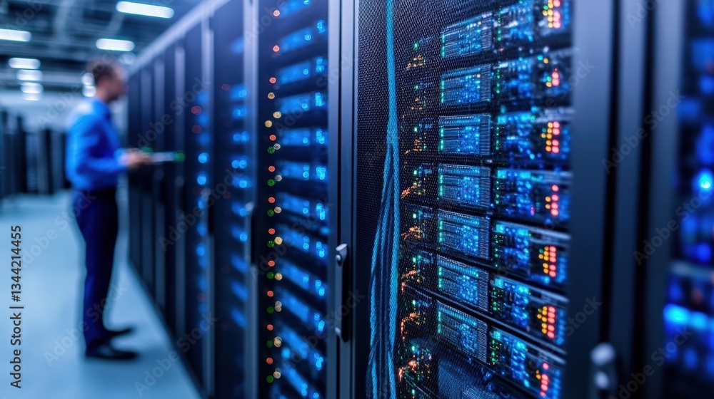 Blurred figure of a man in blue shirt standing amidst rows of illuminated server racks in a modern high-tech data center environment setting up server network Blurred figure of a man in blue shirt standing amidst rows of illuminated server racks in a modern high-tech data center environment setting up server network