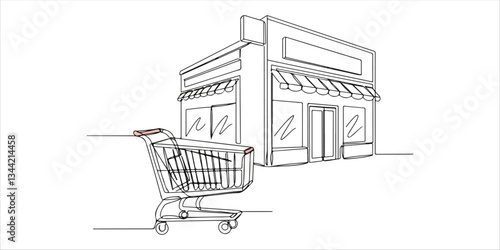 Consumer Rights Day continuous single one illustration of a shopping cart symbolizes World Consumer Rights Day. Created in a continuous single line art style, this minimalist hand drawn sketch.