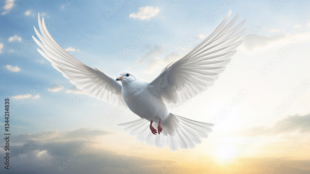 A free white dove flying in the sky. A free white dove flying in the sky.