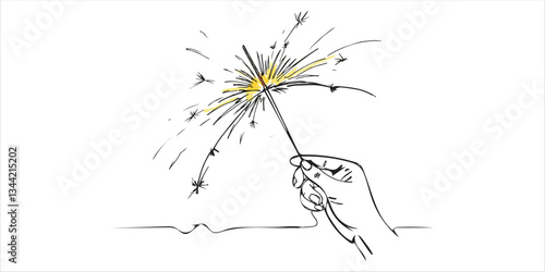 hand sparkler continuous one line minimalist illustration of a hand holding a sparkler, drawn in a continuous single line art style. The artwork captures the festive and celebratory mood with simple, 
