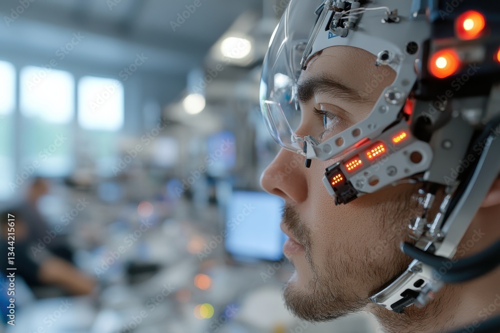 Fototapeta premium A close-up view of a human-like face with technological enhancements showcasing the integration of human characteristics with mechanical elements for future evolution.