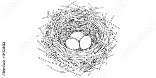 sparrow bird's nest with eggs, continuous single one line illustration of a sparrow's nest containing eggs, created using a continuous single one line art hand drawing technique. The artwork captures.