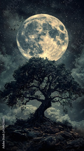 A majestic ancient tree stands silhouetted against a breathtaking full moon and starlit night sky creating a mystical and serene landscape perfect for fantasy art or wallpaper.