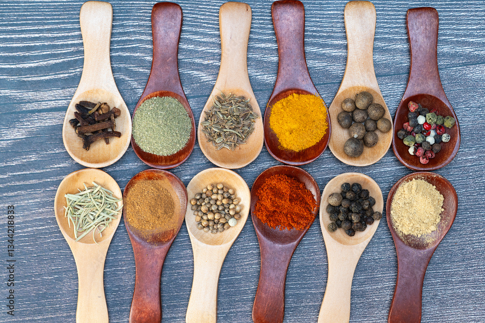 spice mix in wooden spoons