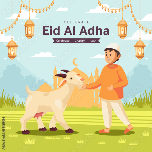 Man lovingly pets a goat, celebrating Eid alAdha. Perfect for Eid event promotions, cultural blogs, agriculture concepts, and holiday advertising