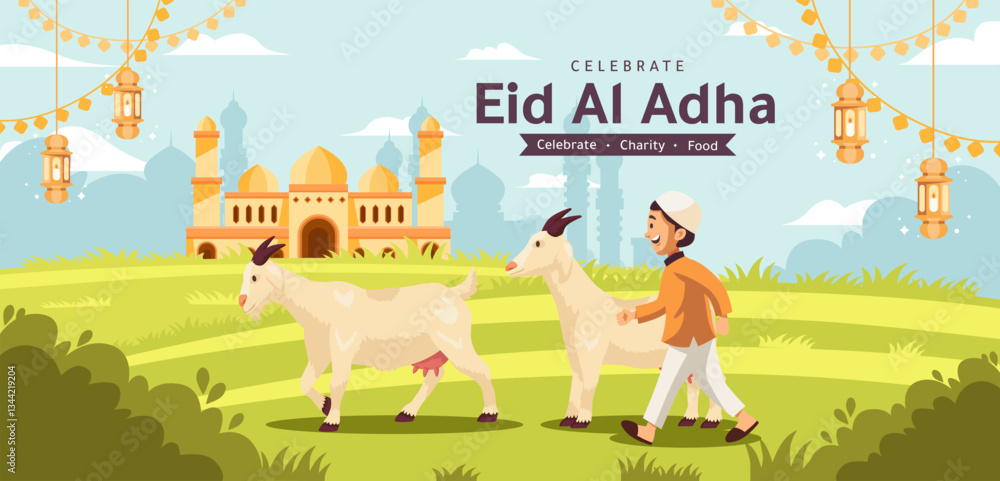 Naklejka premium Man walks goats near mosque. Suitable for travel guides, cultural websites, and articles on rural life and religious architecture