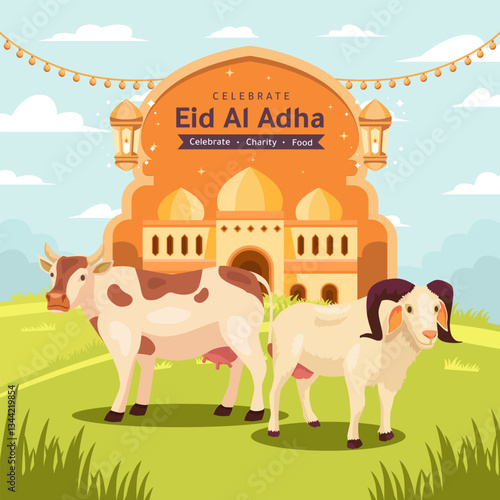 Cow and sheep in front of a mosque for Eid alAdha, perfect for religious and cultural Eid greeting cards and social media posts