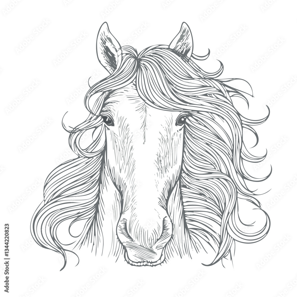 Obraz premium wild horse portrait, mane with long wind knots, pencil sketch with heavy drawing outline 