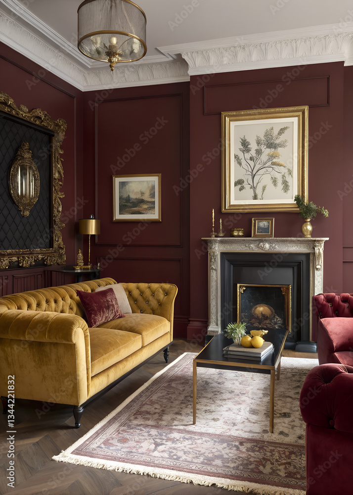 Fototapeta premium Elegant living room mustard sofa, maroon walls, gold accents, ornate fireplace.