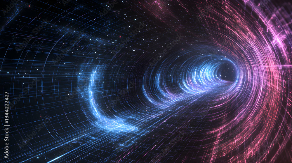 Fototapeta premium Abstract digital wormhole tunnel with blue and pink light. Concept of science, technology, and future.