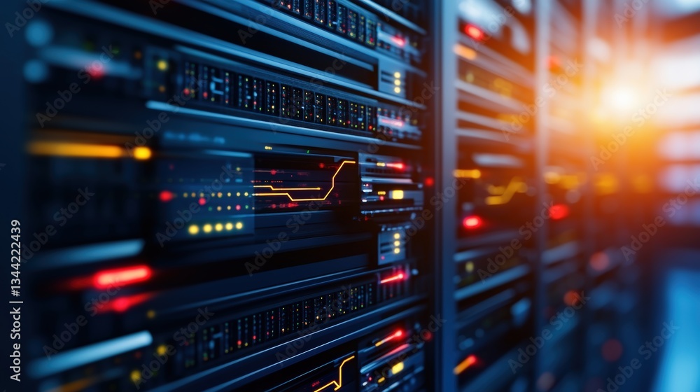 Naklejka premium Close-up View of Multi-Row Dark Server Racks in Data Center with Glowing Orange and Red Lights Indicating High Activity and Technological Complexity