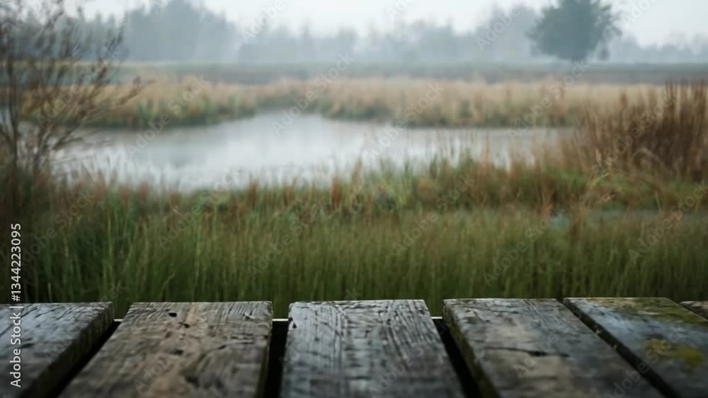 Tranquil Misty Landscape with Wooden Dock Overlooking Calm Water and Lush Green Wetland in Soft Natural Light, Evoking Peace and Serenity Tranquil Misty Landscape with Wooden Dock Overlooking Calm Water and Lush Green Wetland in Soft Natural Light, Evoking Peace and Serenity