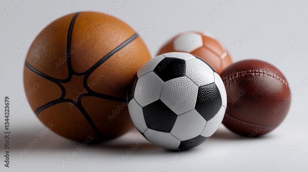 Varied sports ball assortment displaying textures and forms on light backdrop Varied sports ball assortment displaying textures and forms on light backdrop