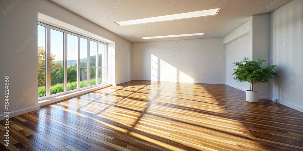 Fototapeta premium Minimalist White Room Interior: Sunlight Shadows on Wood Plank Floor - Architectural Photography