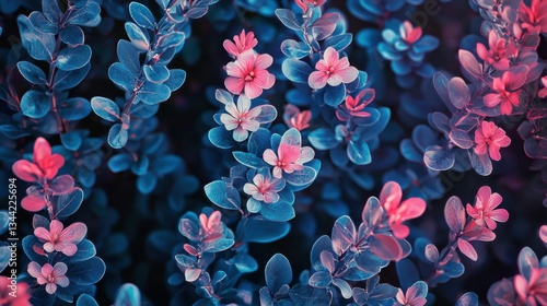 Vibrant Floral Pattern with Delicate Pink and Blue Leaves and Blooms