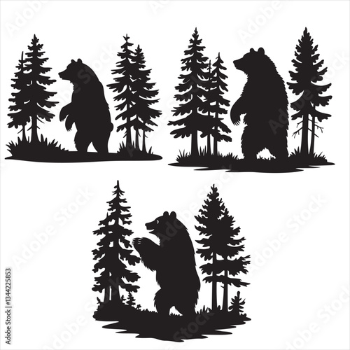 Bear silhouette forest wilderness scene, Silhouette of a bear in the forest, bear 