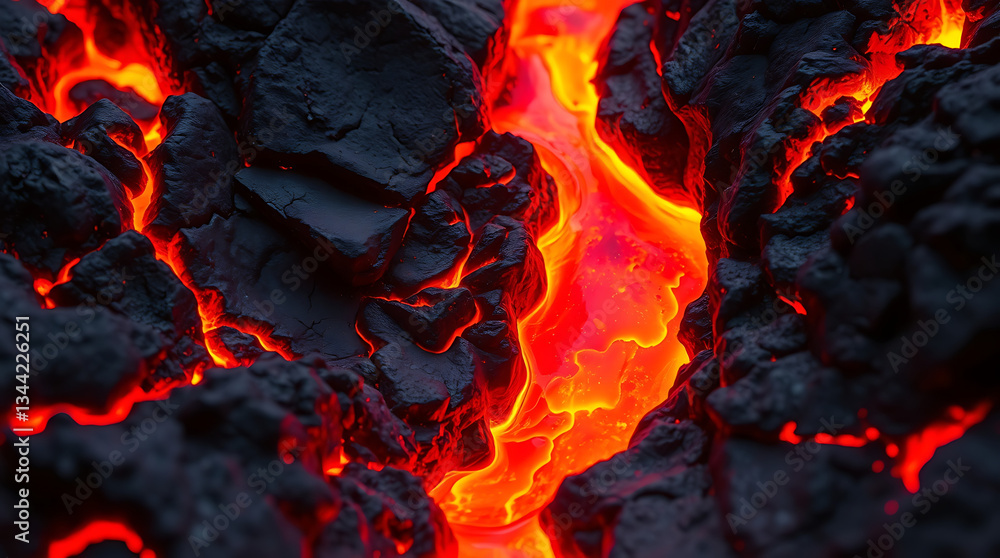 A fiery and intense background featuring molten lava flowing through cracked volcanic rock. The glowing orange and red tones contrast with the dark, rugged surface. Created with generative AI. A fiery and intense background featuring molten lava flowing through cracked volcanic rock. The glowing orange and red tones contrast with the dark, rugged surface. Created with generative AI.