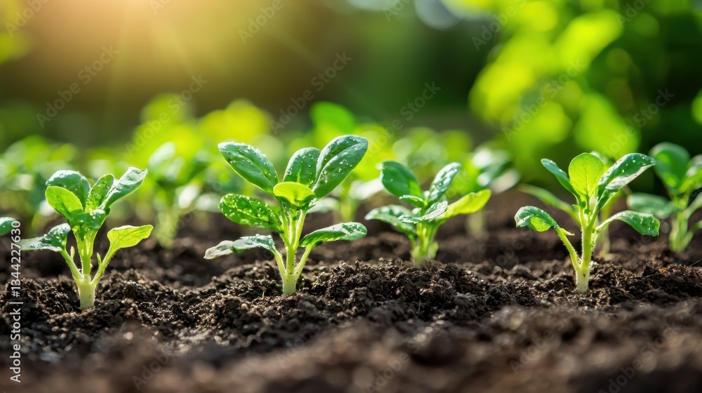 Fresh Green Seedlings Growing in Rich Dark Soil Under Sunlight Fresh Green Seedlings Growing in Rich Dark Soil Under Sunlight