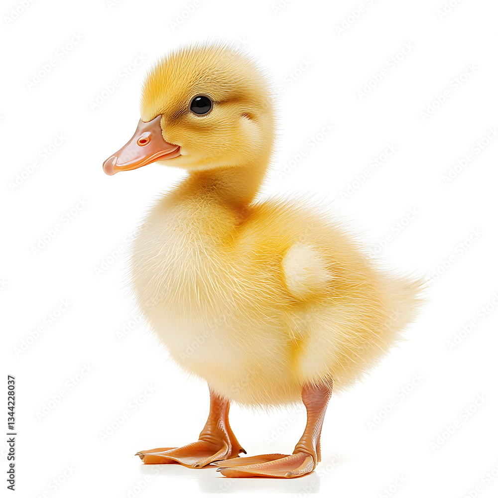 A highly detailed, high-resolution portrait of a fluffy yellow duckling standing in a side view, isolated on a white background. The baby duck has tiny wings, a short orange beak, and curious, shiny A highly detailed, high-resolution portrait of a fluffy yellow duckling standing in a side view, isolated on a white background. The baby duck has tiny wings, a short orange beak, and curious, shiny
