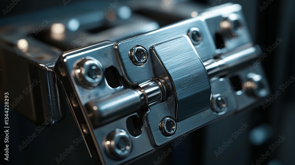 Close-up of a metallic latch mechanism with screws and hinges.
