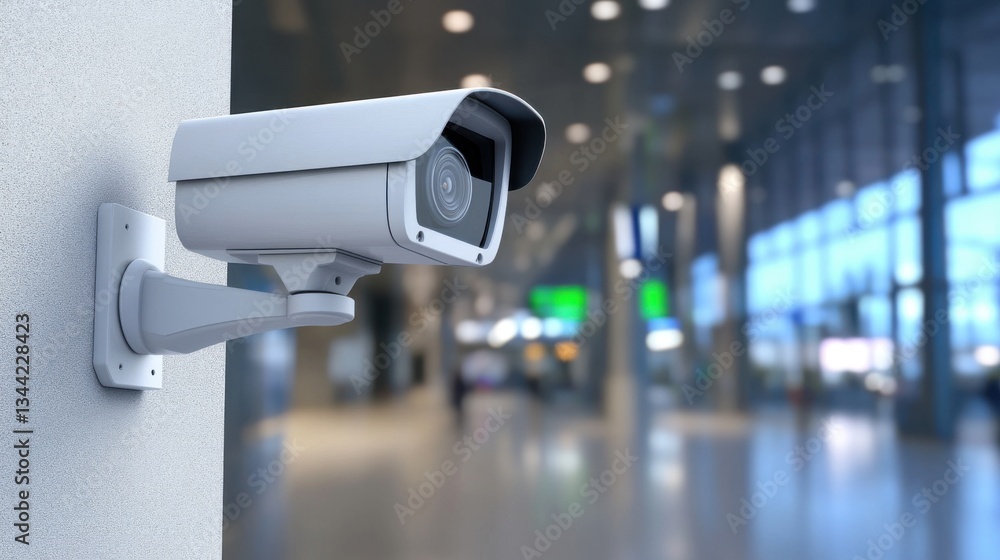White security camera mounted on wall, overlooking blurred airport terminal. White security camera mounted on wall, overlooking blurred airport terminal.
