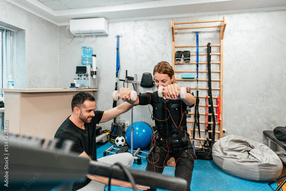 Obraz premium Professional physiotherapist working with beautiful young woman in EMS suit during special electro stimulation training or treatment. Modern and brightly lit studio.