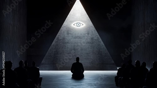 Illuminated pyramid with all-seeing eye symbol against dark background with silhouette audience. Mystical illuminati concept. Secret society and conspiracy theories. Documentaries, mystery books