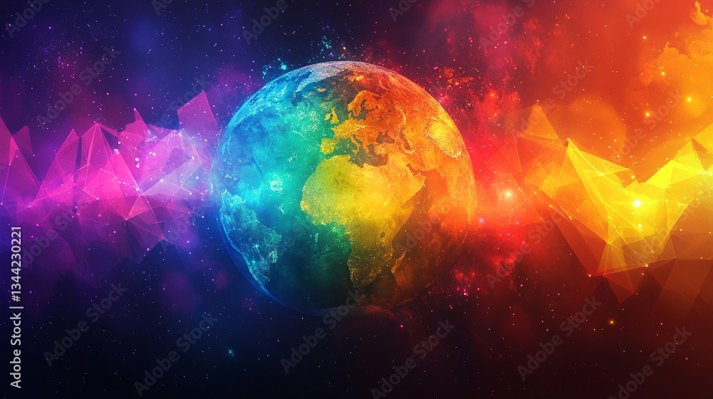 Fototapeta premium Vibrant Earth With Cosmic Colors and Abstract Geometric Shapes in Space