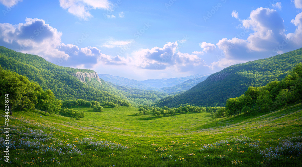 Fototapeta premium A breathtaking view of a lush green valley surrounded by majestic mountains, dotted with vibrant wildflowers under a clear blue sky, creating a tranquil atmosphere of natural beauty.