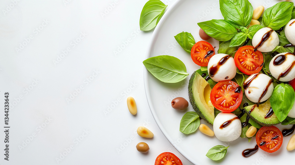 Fresh salad featuring mozzarella balls, cherry tomatoes, and basil leaves, drizzled with balsamic glaze. vibrant and healthy dish perfect for light meal or appetizer Fresh salad featuring mozzarella balls, cherry tomatoes, and basil leaves, drizzled with balsamic glaze. vibrant and healthy dish perfect for light meal or appetizer