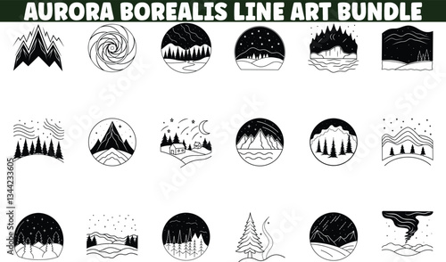 Aurora Borealis Line Art Bundle Mountains, Stars, Nature Designs