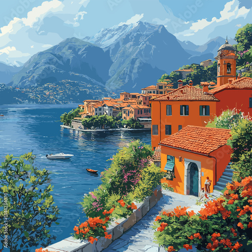 Vector illustration of a charming Mediterranean lakeside village with colorful buildings, a bell tower, lush flowers, and scenic mountain views