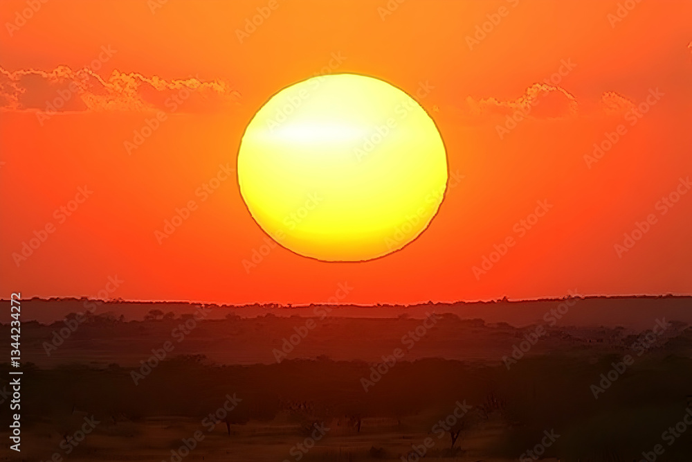 Obraz premium Fiery sunset over African savanna, large sun dominating the orange sky, silhouettes of trees and land.