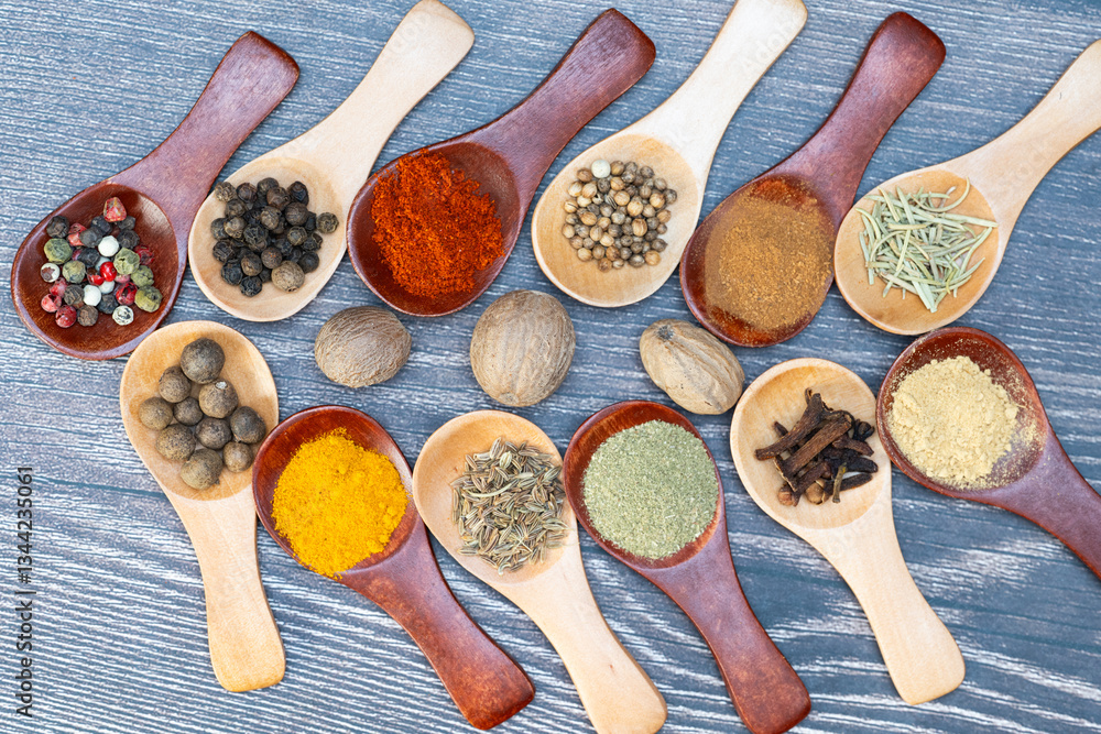 spice mix in wooden spoons