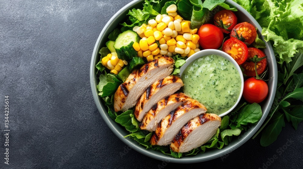 Delicious salad is presented with grilled chicken, corn, cherry tomatoes, and vibrant dressing, showcasing fresh ingredients and colors Delicious salad is presented with grilled chicken, corn, cherry tomatoes, and vibrant dressing, showcasing fresh ingredients and colors
