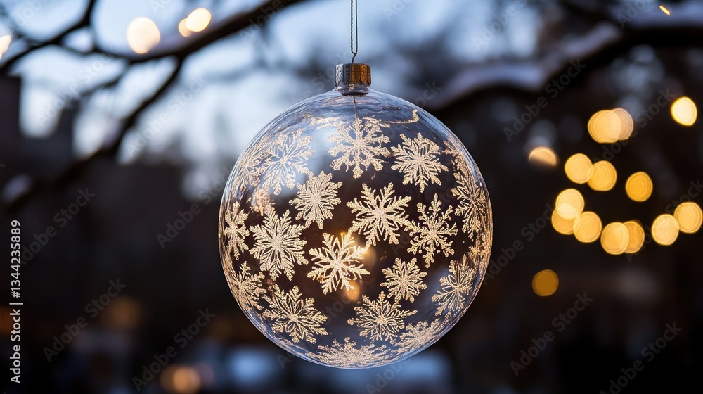 Delicate Snowflake Ornament Suspended Against a Blurred Festive Backdrop Delicate Snowflake Ornament Suspended Against a Blurred Festive Backdrop