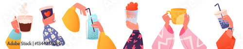 Collection of female hands holding hot drinks cocktails beverages. Brew or pour tea or matcha tea, cocoa, espresso coffee with sugar, hot chocolate, summer juicy drinks with foam straw.