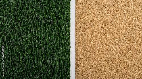 The image shows a split view of artificial grass on one side and a sandy texture on the other, highlighting contrasting surfaces.
