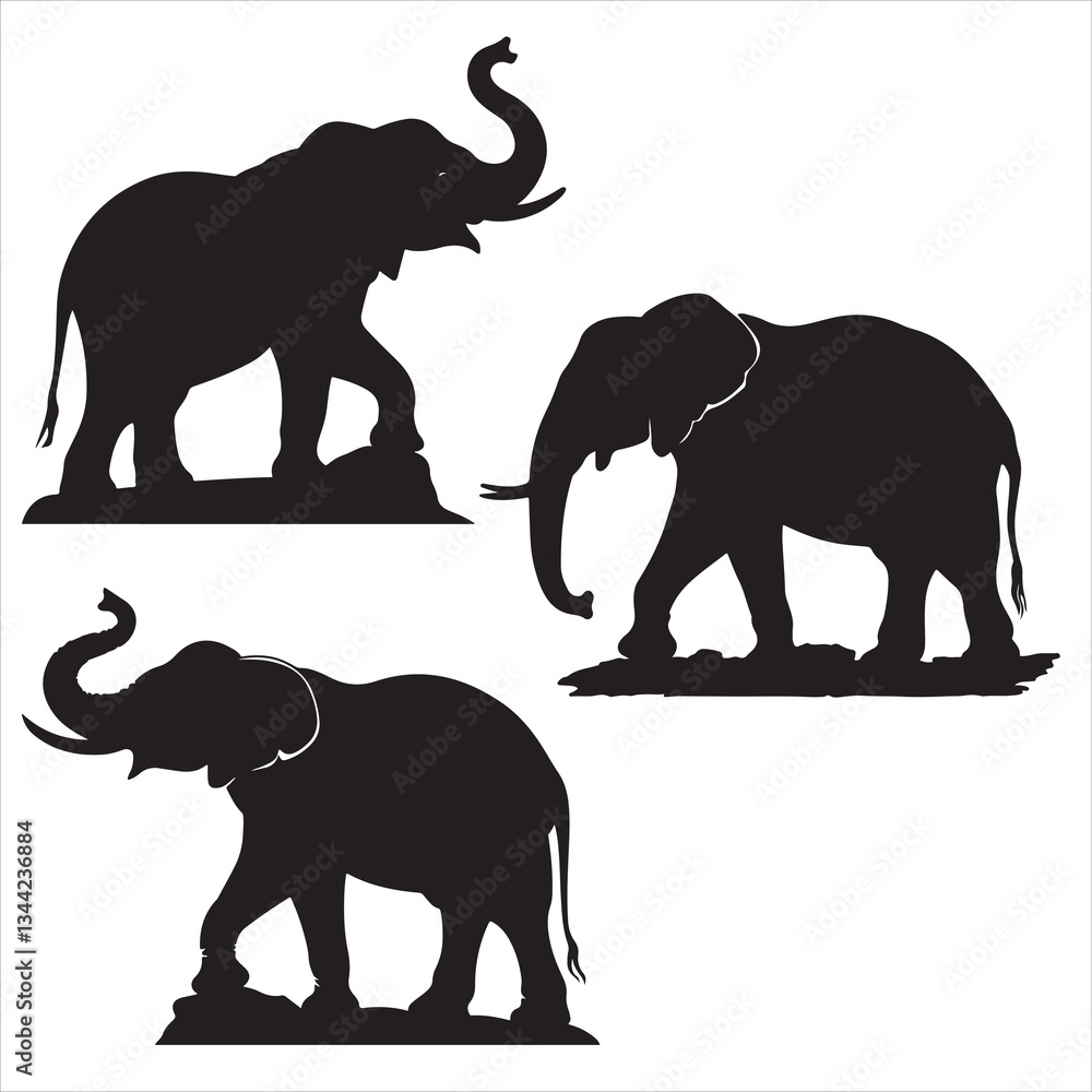 Fototapeta premium set vector various elephant, elephants and tress, Elephant family silhouette, African landscape scene with elephant, elephant in the forest