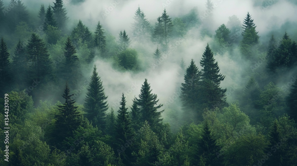 A forest with trees covered in mist. The trees are tall and green, and the mist gives the forest a mysterious and serene atmosphere A forest with trees covered in mist. The trees are tall and green, and the mist gives the forest a mysterious and serene atmosphere