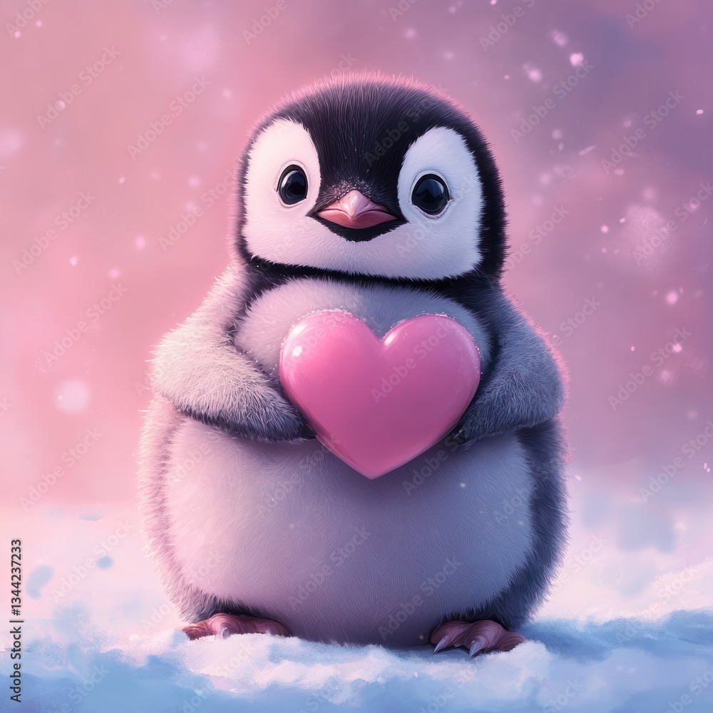Cute penguin holding heart, snowy landscape, digital art, heartwarming, possible use for greeting cards, children's books Cute penguin holding heart, snowy landscape, digital art, heartwarming, possible use for greeting cards, children's books