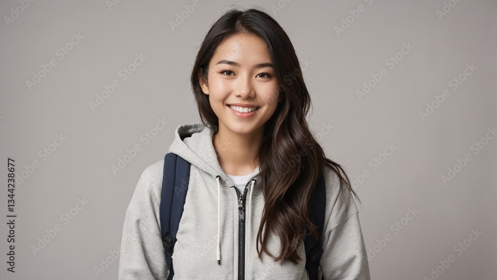 Japanese Gen Z student smiling brightly, wearing a casual jacket and backpack, representing modern youth and education Japanese Gen Z student smiling brightly, wearing a casual jacket and backpack, representing modern youth and education